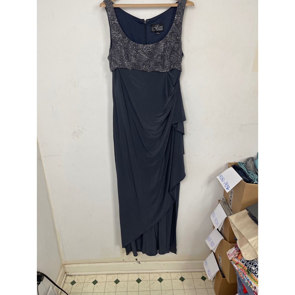 Alex Evenings Womens 12 Sequin Lace Bodice Draped Evening Gown‎ Charcoal Grey